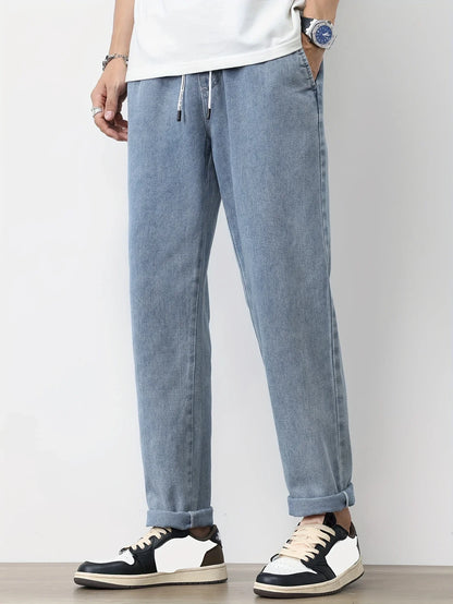Men's Straight-Leg Jeans with Adjustable Drawstring Waist, Made of Breathable and Soft Fabric, Loose Casual Style.