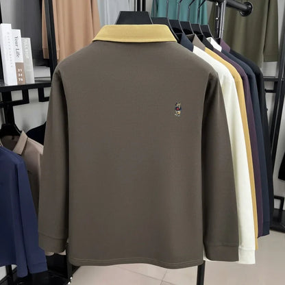 Premium luxury men's long sleeve polo shirt brand cartoon bear embroidery Korean style fashion comfort autumn new lapel T-shirt