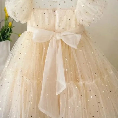Bear Leader Summer Sweet Girls Casual Dresses Sequined Mesh Princess Dress Short Sleeve Korean Version Elegant Kids Clothes