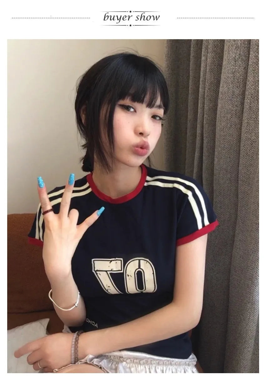 Japanese Y2k T Shirt Vintage Harajuku Short Sleeve Patchwork Tops American Retro Jersey T-shirt 2000s Grunge Aesthetics