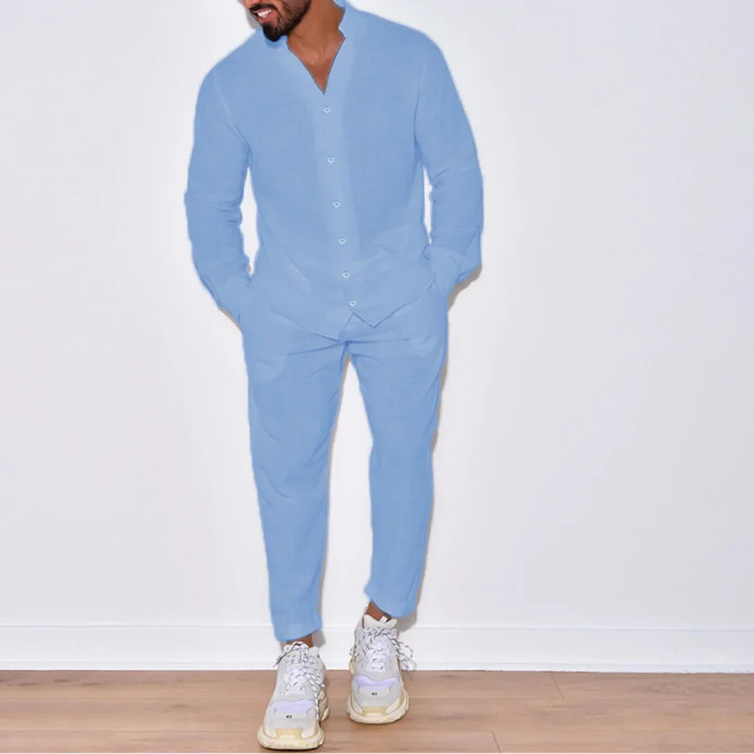 Autumn men's new fashion solid color suit cotton cardigan lapel long sleeve pants suit