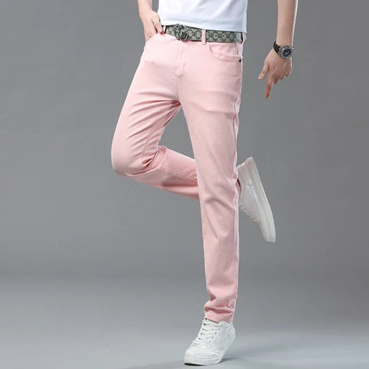 2025 Autumn Men's Elastic Colorful Jeans Breathable Casual  Straight Fitted Solid Color Denim Pants Korean Fashion Trousers