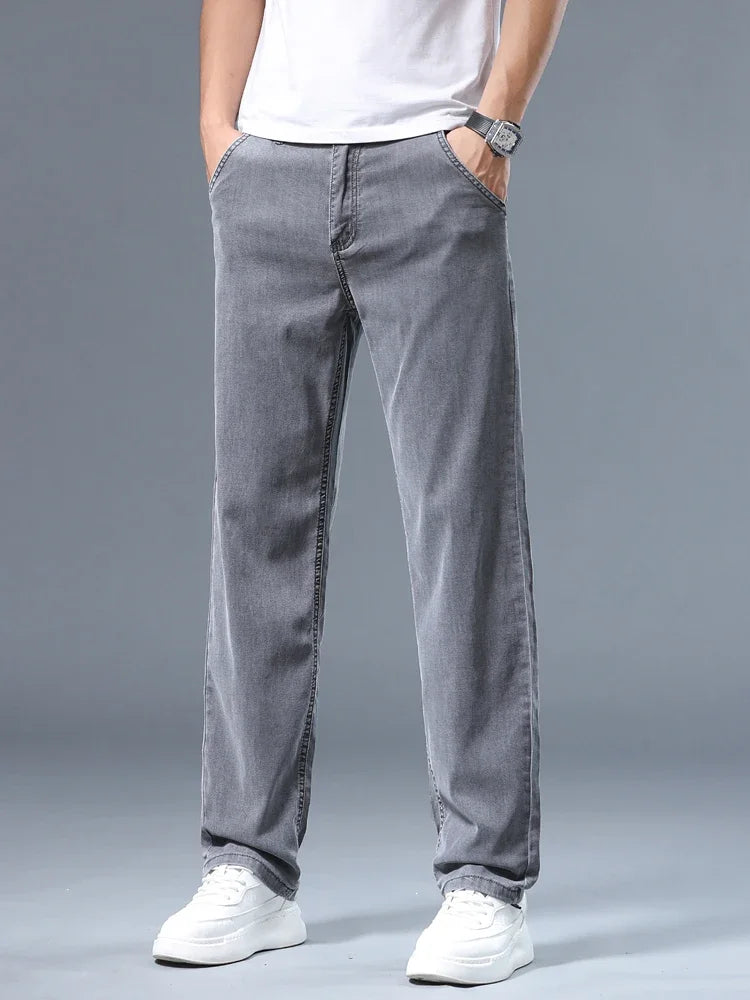 Summer Thin Men's Loose Straight Jeans Lyocell Soft Drape Business Casual Trousers Classic Smoke Gray Brand Ice Silk Pants
