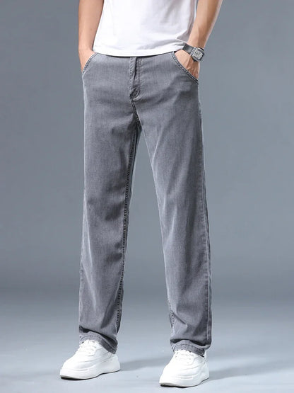 Summer Thin Men's Loose Straight Jeans Lyocell Soft Drape Business Casual Trousers Classic Smoke Gray Brand Ice Silk Pants