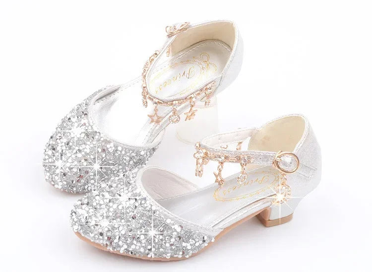 Fashion Kid Leather Shoe 2023 Summer Sequin Princess Shoe Crystal High Heel Sandals Kid Shoes Girl Dresses Mary Jane Girl Shoes