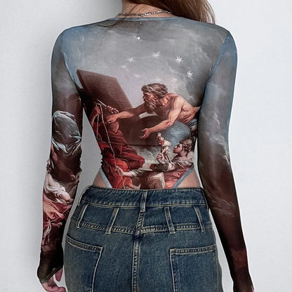 Vintage Print Sexy Bodysuit Lingerie See Through Gauze Lenceria Tranparente Long Sleeve Body Feminino Square Collar Bustier Tops