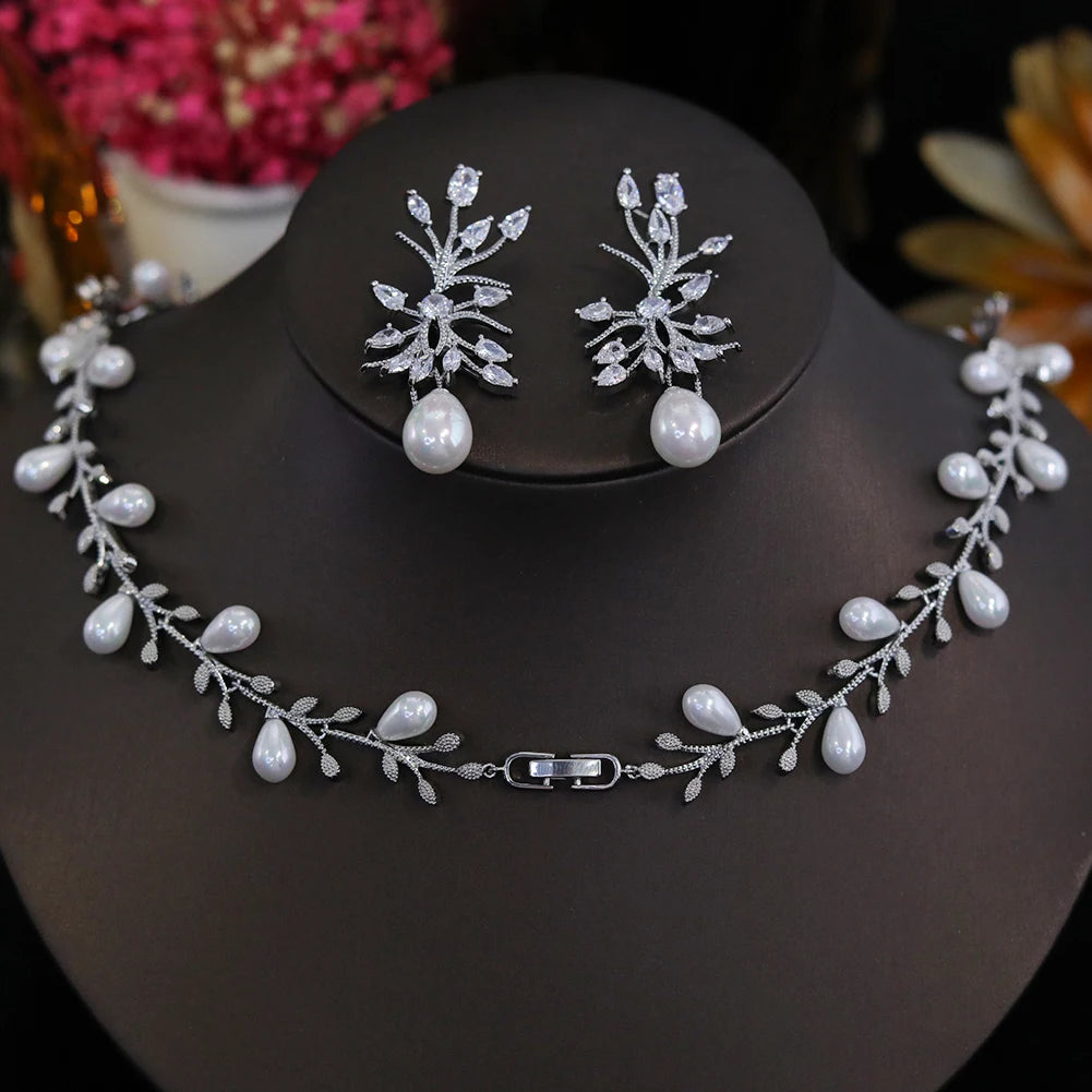 Luxury White Cubic Zirconia Big  Pearl Necklace and Earrings Wedding Bridal Party Jewelry Sets for Women Envio Gratis Todo X0470