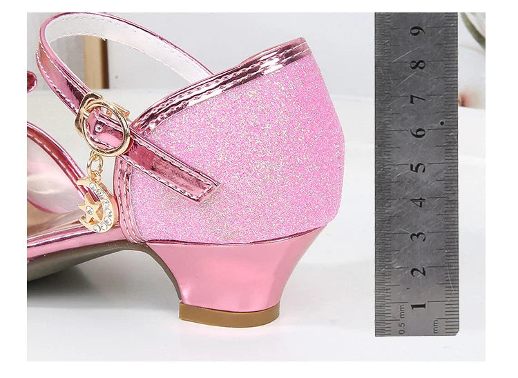 Girls Princess Sandals Summer Open-toe Elegant Children High Heels Fashion Sequins Crown Kids Causal Glitter Wedding Dress Shoes