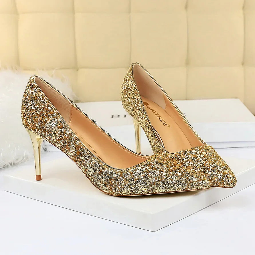 Women Luxury Bling Red  Blue Valentine Party Scarpins Pumps Lady Glitter Sequins 7cm 9.5cm High Heels Designer Shoes Plus Size