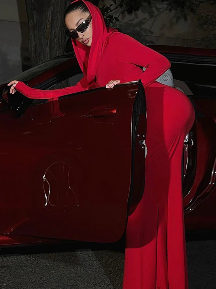 Fashion Sexy Solid Hooded Maxi Dresses Women Elegant Casual Long Sleeve Slim Bodycon Party Vestidos Robes Streetwear