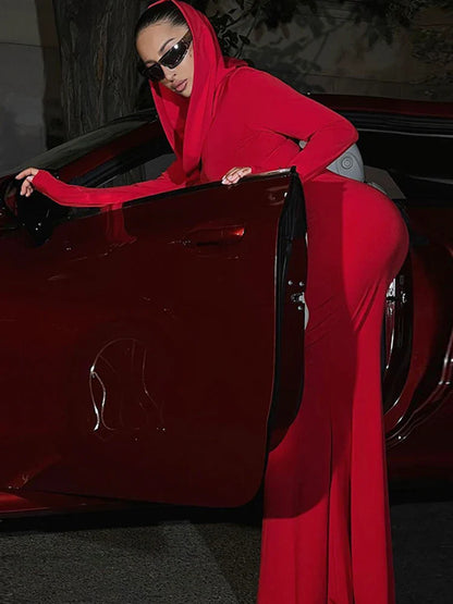 Fashion Sexy Solid Hooded Maxi Dresses Women Elegant Casual Long Sleeve Slim Bodycon Party Vestidos Robes Streetwear