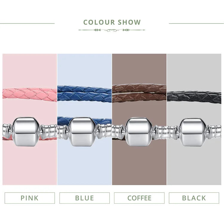 Genuine Long Double Pink Black Braided Leather Chain Women Bracelets with 925 Sterling Silver Snake Clasp PAS908