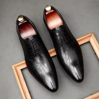 Stylish Letter-printed Men's Business Leather Shoes Korea Style Wedding Derby Shoes Lace-up Pointed Toe Dress Shoes Man Wine-red