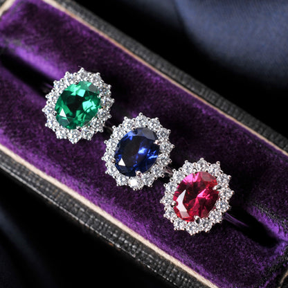 Halo Rings for Women Created Blue Sapphire Nano Emerald Red Ruby Princess Diana 2.67ct Oval Cut 925 Sterling Silver Rings