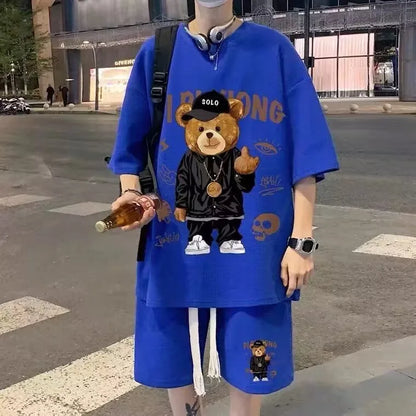 Little Bear Short sleeved Shorts Set M XXXL 5XL Men T Shirts Summer Cotton T-Shirts Breathable Loose Clothes Hip Hop Street Tees