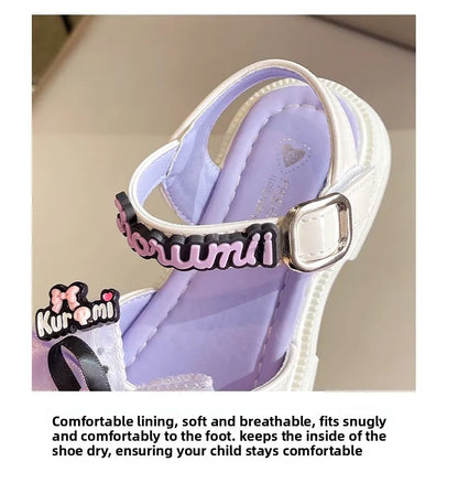 Kids'Sandals Kuromi PU Leather Bow Flat Spring Shoes For Girls Anti-slip Soft Thick Bottom White Black Shoes Size 25-36