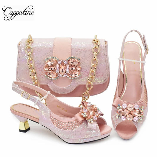 Peach Women Shoes And Bag Set Fashion African Ladies High Heels Sandals Match With Handbag Pumps Nigerian Sandales Femmes 988-10