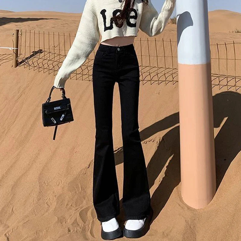 High Waist Vintage Flare Jeans Female Elastic Bell Bottom Pants