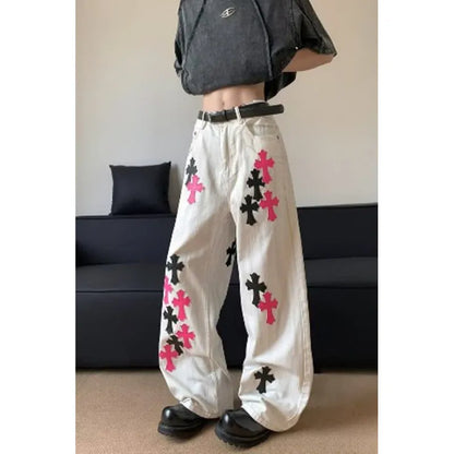 Trendy cross jeans, loose straight leg wide leg casual pants