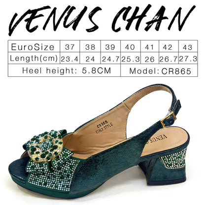 Italian Design Open Toe Women High Heels for 2026 Elegant Party Green Color Diamond Pumps Shoes and Bags Matching Set