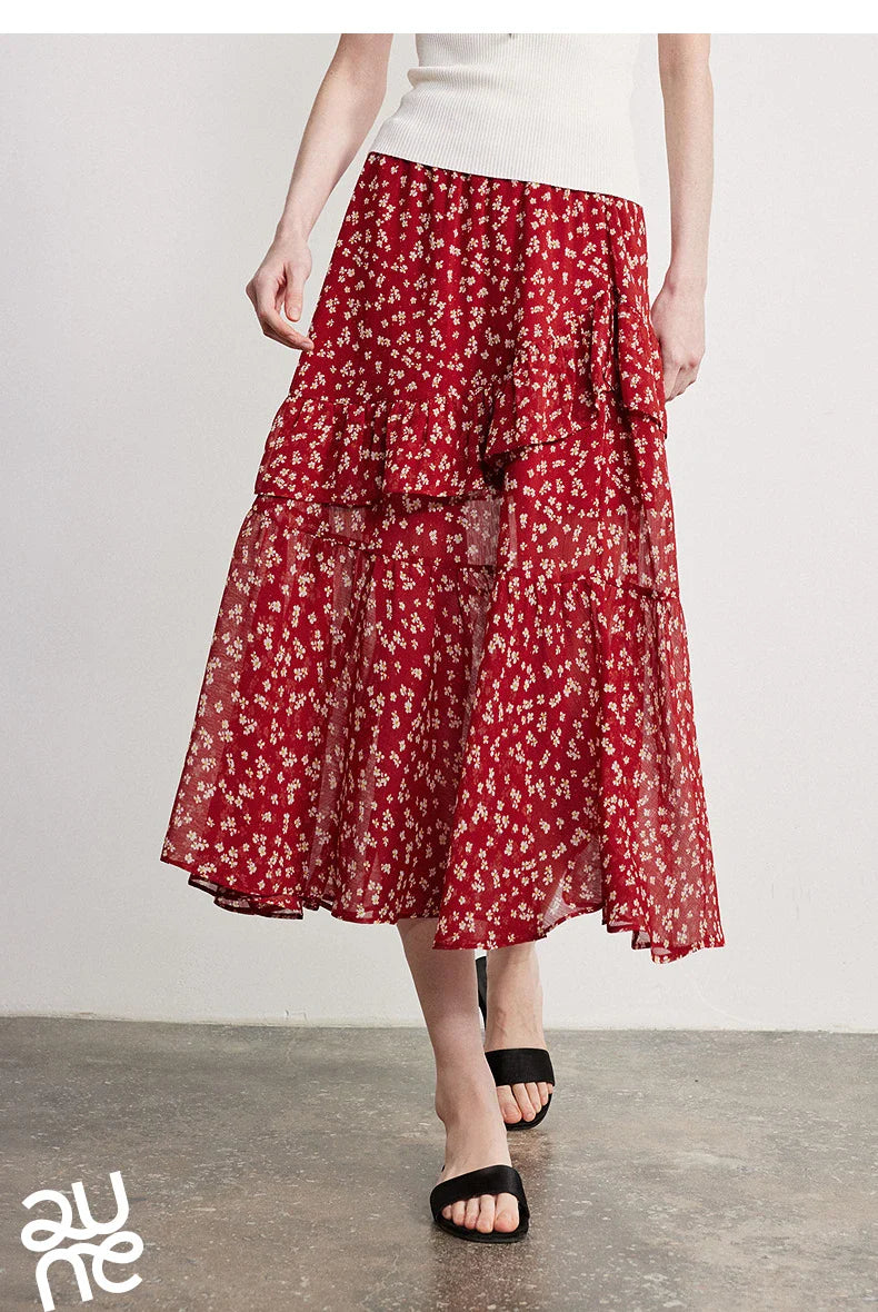 Women Chiffon Skirt 2026 Spring New Country Style Light and Flowing Floral Print Layered Ruffled Skirt