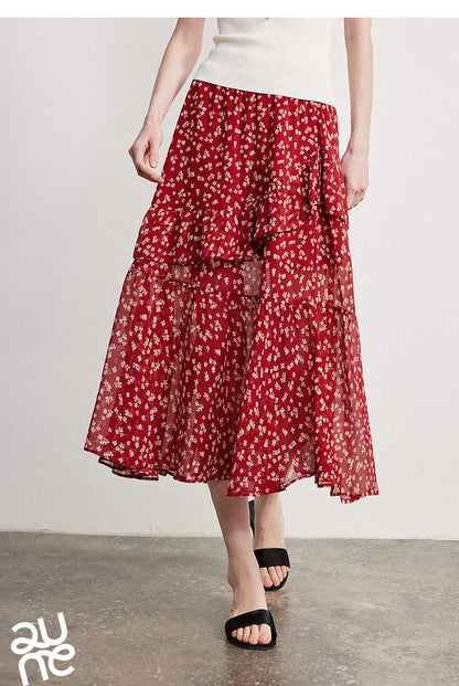 Women Chiffon Skirt 2026 Spring New Country Style Light and Flowing Floral Print Layered Ruffled Skirt