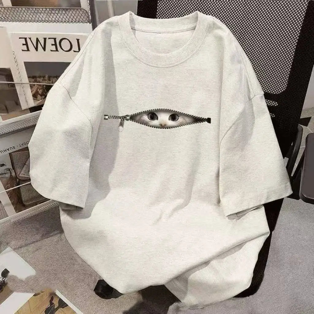 2026 New Street Cartoon Chain Cat Graphic Print Plus Size Men's and Women's Cotton Short Sleeve Loose Crew Neck T-Shirts