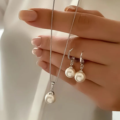 3 Pcs/Set Round Pearl Pendant Necklace For Women Exquisite Fashion Rhinestone Double  Earring Wedding Jewelry Set Gift