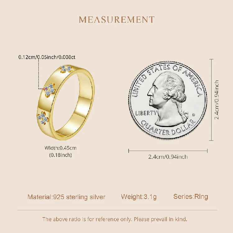 925 Sterling Silver Lucky Clover Moissanite Ring, Gold Plated D Color Round Cut Wide Band Ring for Women Wedding Gift