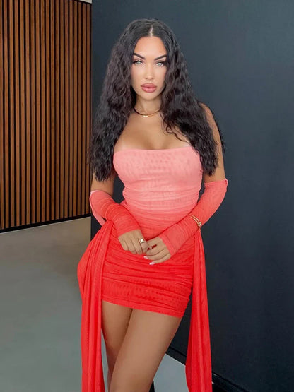Mesh Simple Women Mini Dress Fashion Solid Strapless Ribbons Tassel Body-shaping Vestidos+Seperately Full Sleeve Gloves