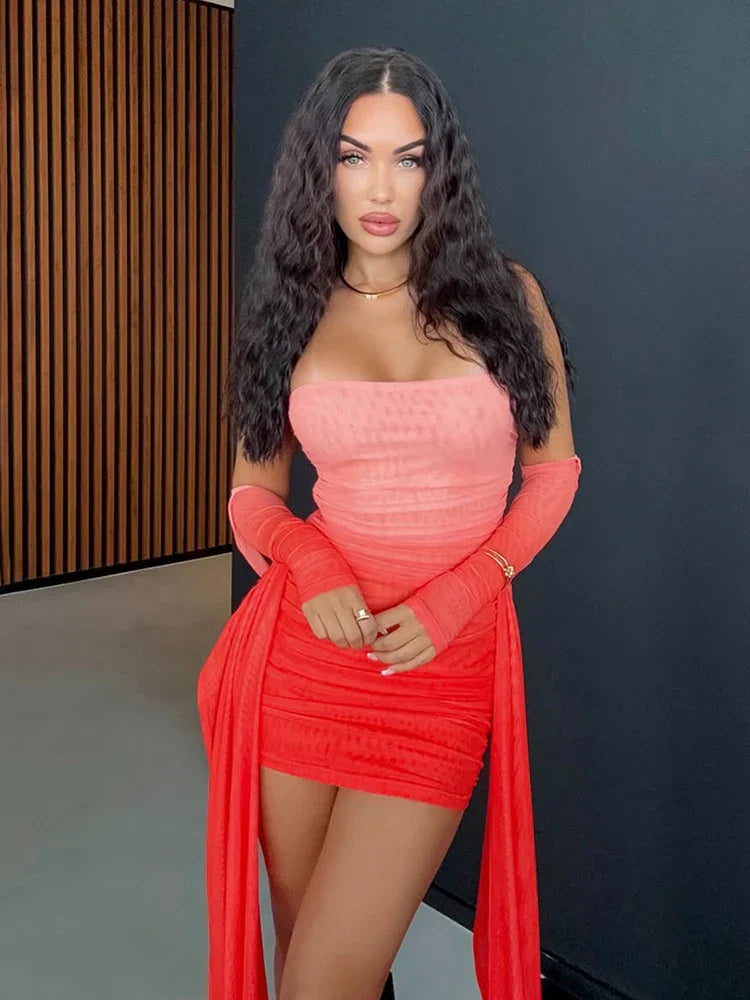 Mesh Simple Women Mini Dress Fashion Solid Strapless Ribbons Tassel Body-shaping Vestidos+Seperately Full Sleeve Gloves