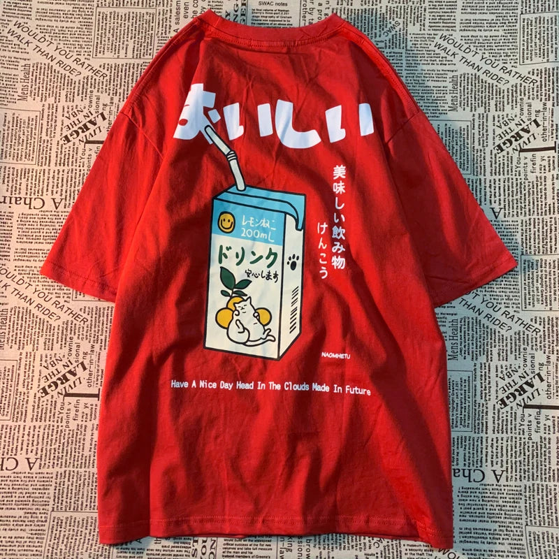 Cute Japanese Cat Print Oversized T-shirt men Women Short Sleeve Loose Casual Tee Shirt Streetwear Tops Cotton Harajuku Clothing