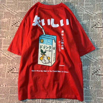 Cute Japanese Cat Print Oversized T-shirt men Women Short Sleeve Loose Casual Tee Shirt Streetwear Tops Cotton Harajuku Clothing