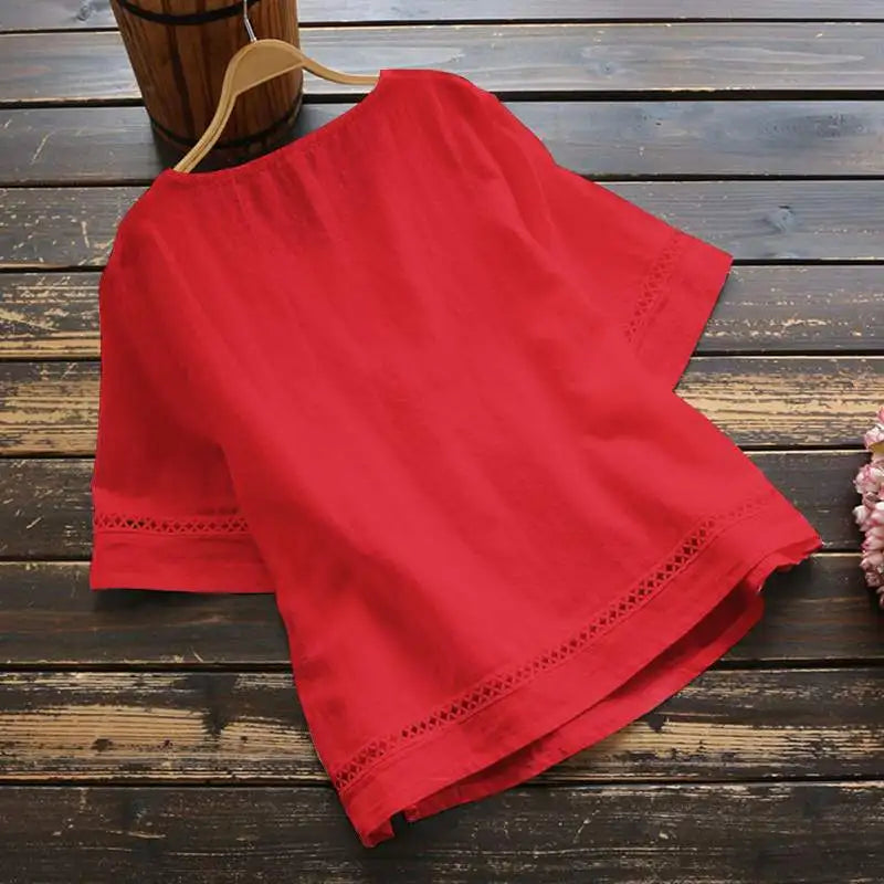 New Women's Elegant Cotton and Hemp Shirt Solid Color Casual Round Neck Hollow Half Sleeve Splicing Fashion Women's Top