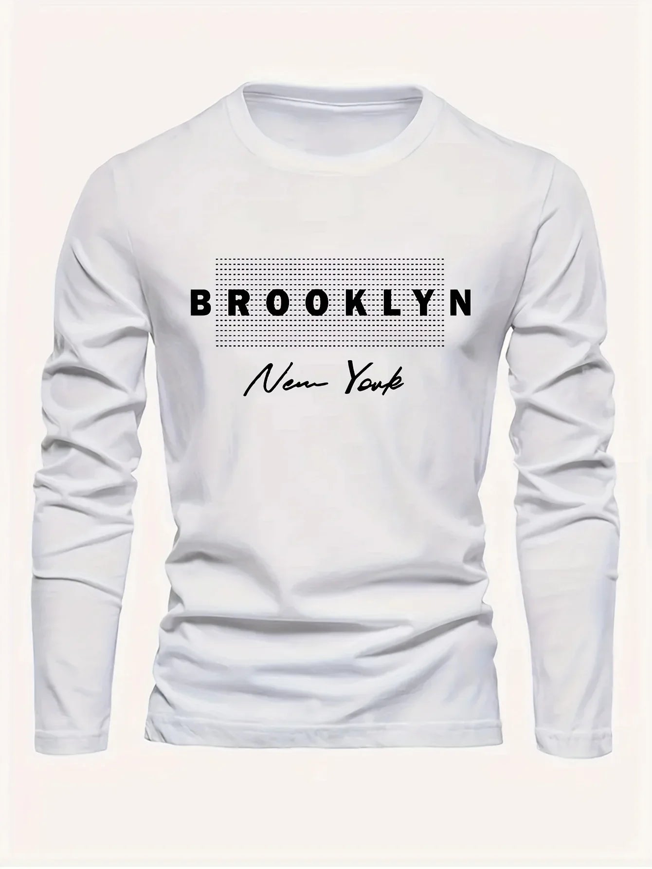 Brooklyn New York Printed Men's 100% Cotton Loose and Comfortable Sports and Leisure Round Neck Long Sleeve T-shirt Top
