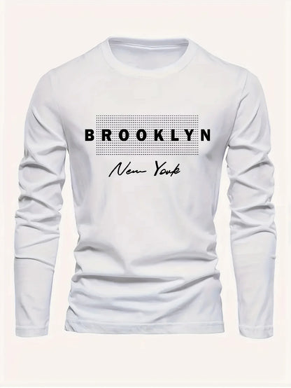 Brooklyn New York Printed Men's 100% Cotton Loose and Comfortable Sports and Leisure Round Neck Long Sleeve T-shirt Top