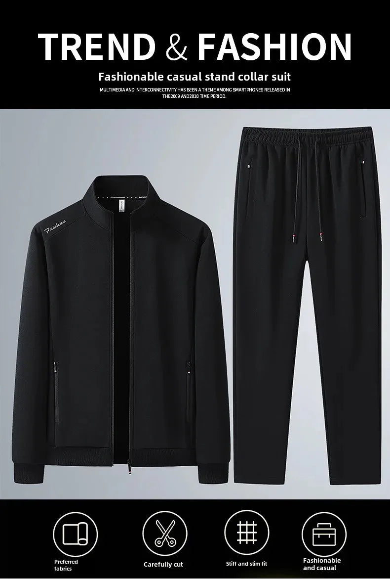 Spring Autumn New Men's Cotton Sports Suit Stand Collar Sweatshirt Middle-Aged And Elderly Casual Stylish Cardigan Loose-Fit 2-P