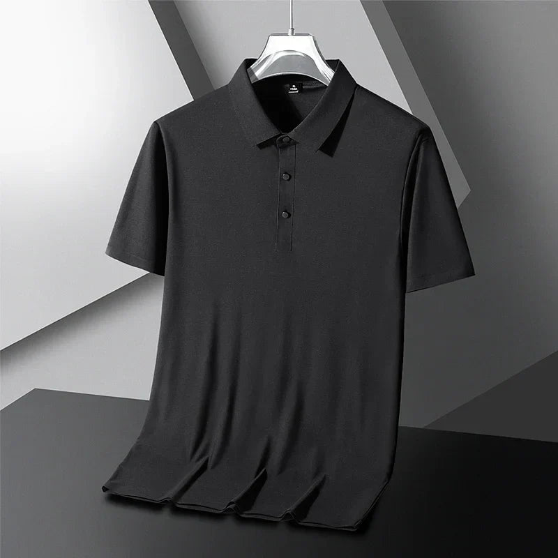 Summer Ice Silk Polo Shirt High-End T-Shirt Solid Color New Half Sleeve Non-Marking Casual Lapels Business Thin Menswear 2025