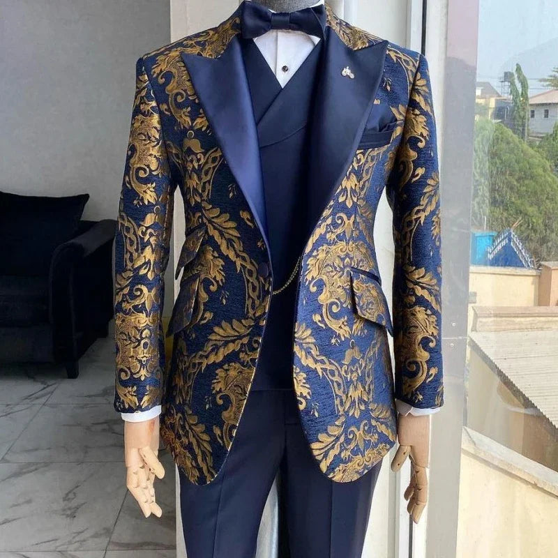 Tuxedo Suits for Men Wedding Slim Fit Navy Blue and Gold Gentleman Male Costume Suit Set