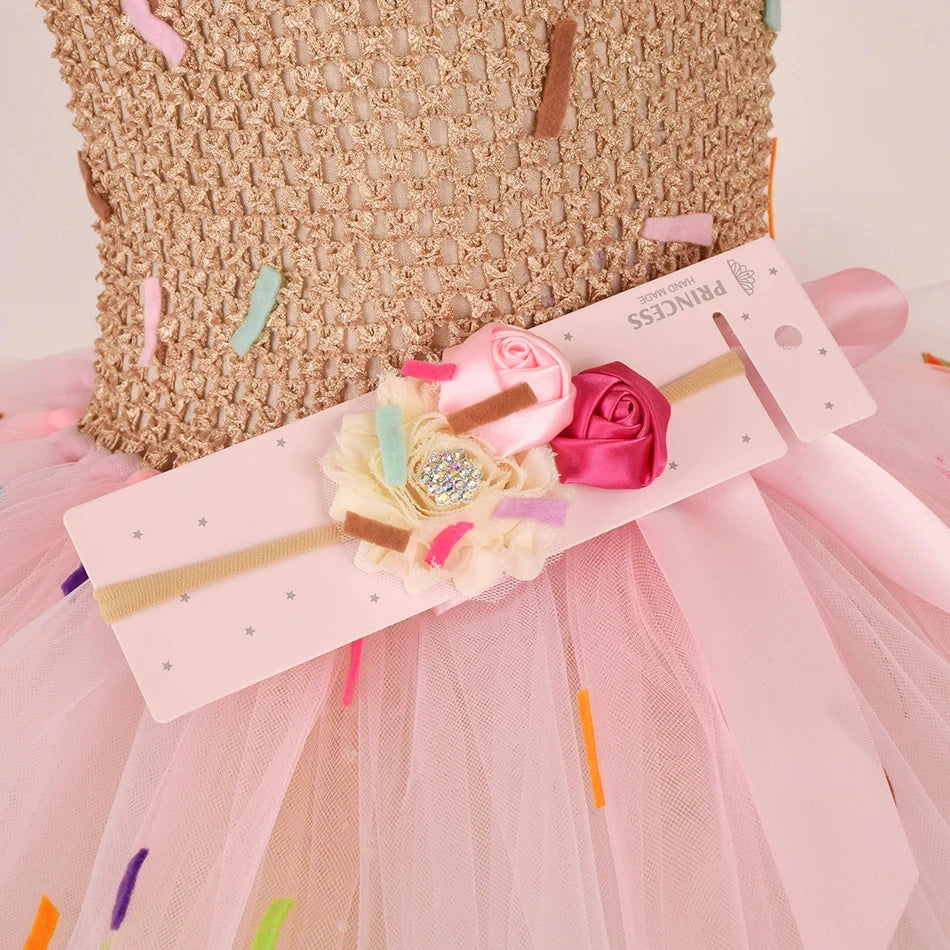 2026 Purim Girls Candy Icecream Dress Handmade Mesh Tutu Dress Childrens Birthday Carnival Party Ball Gown With Icecream Balloon