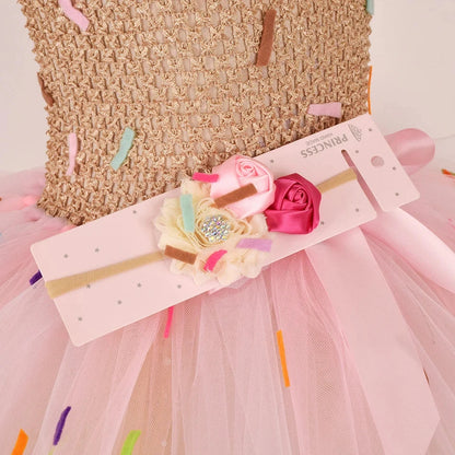 2026 Purim Girls Candy Icecream Dress Handmade Mesh Tutu Dress Childrens Birthday Carnival Party Ball Gown With Icecream Balloon