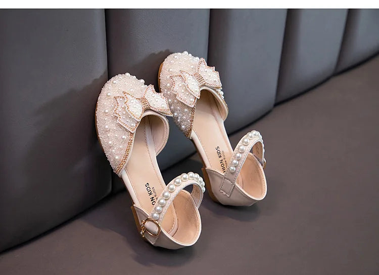 2026 Spring New Girl Sandals Cute Bow Pearl Sequins Kid Princess Shoes Flat Heels children Dancing 21-34