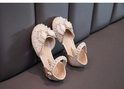 2026 Spring New Girl Sandals Cute Bow Pearl Sequins Kid Princess Shoes Flat Heels children Dancing 21-34