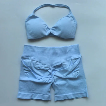 NO LOGO 2PCS Gym Set Women Strappy Yoga Bra Top High Waist Workout Scrunch Shorts Sports Suit Seamless Yoga Set Fitness Clothes