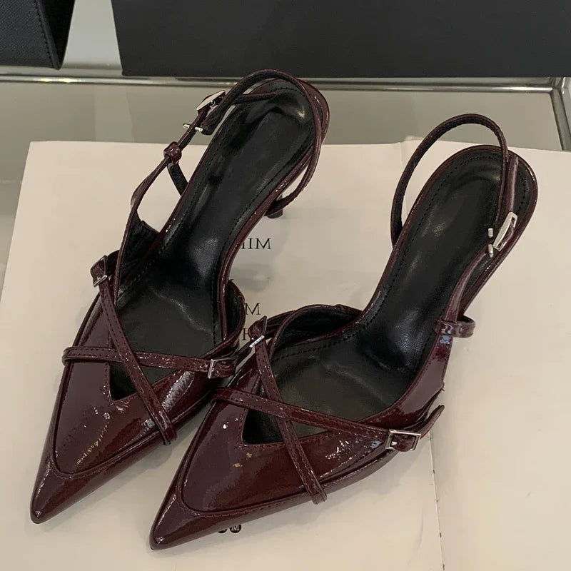 Sexy Street Style Buckle Strap Women Pumps Elegant Pointed Toe Thin Low Heels Slingback Banquet Party Shoes