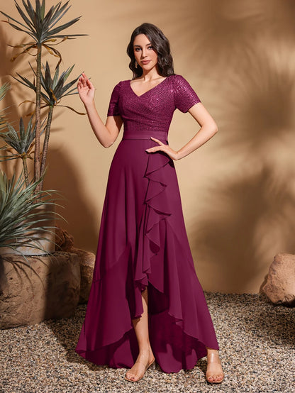 V-neck short-sleeved sequined chiffon pleated asymmetrical hem dress