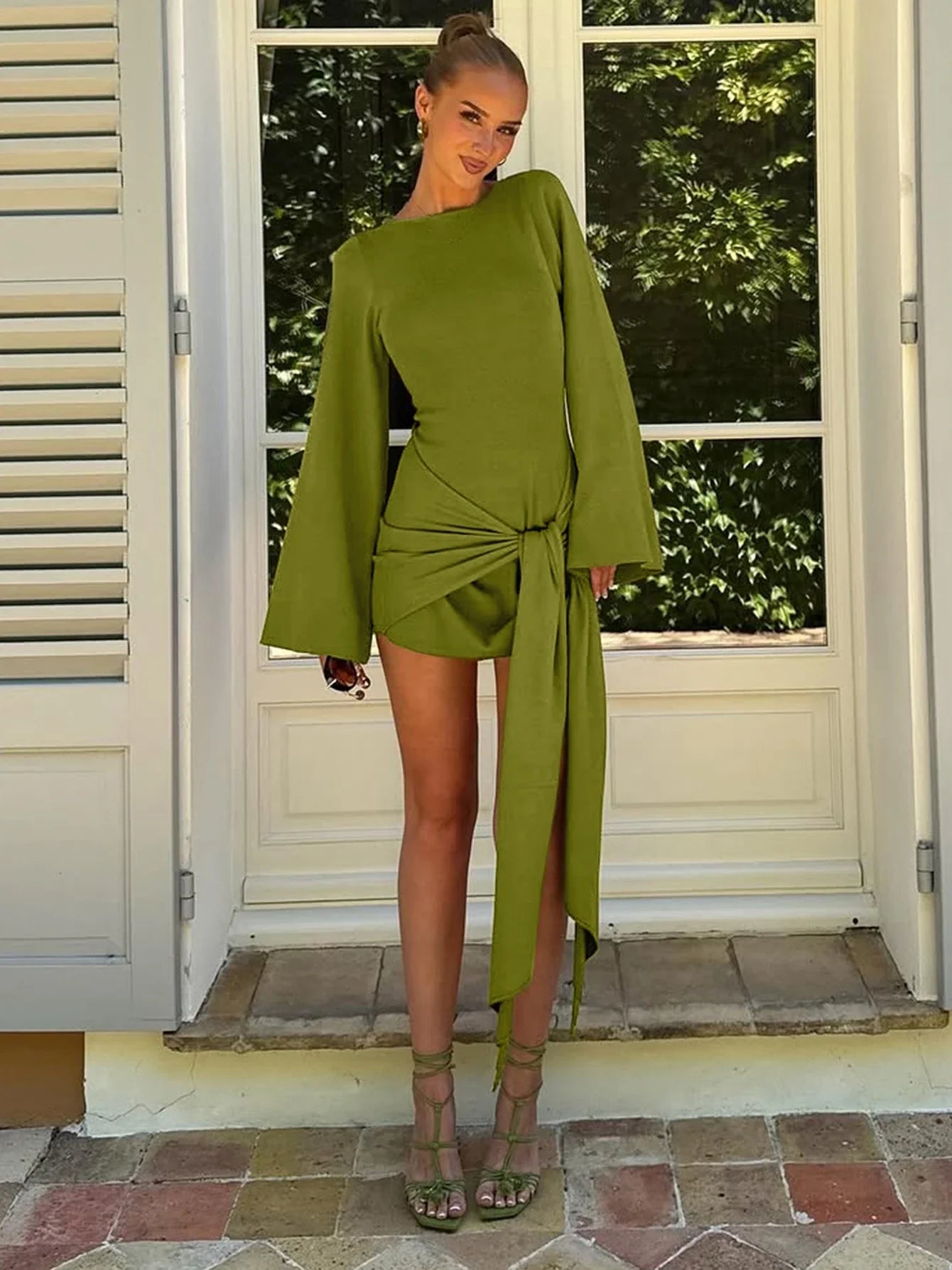 Autumn Fashion Elegant O-Neck Long Sleeve Slim Fit Lace Up Mini Dress Ladies Solid Casual Clothes Party Club Outfit