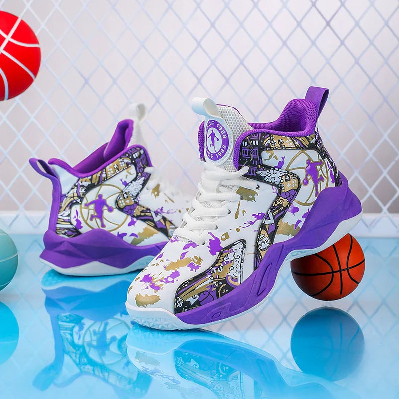 Original Children's Basketball Shoes Fashion Print Purple Basketball Sneakers Kids Training Shoes High Top Sports Shoes For Boys