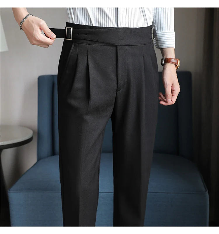 Luxury Men's Slim High-Rise Dress Pants - Heavyweight Subtle Stripe with 3D Pleats & Naples Tailoring