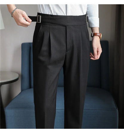 Luxury Men's Slim High-Rise Dress Pants - Heavyweight Subtle Stripe with 3D Pleats & Naples Tailoring
